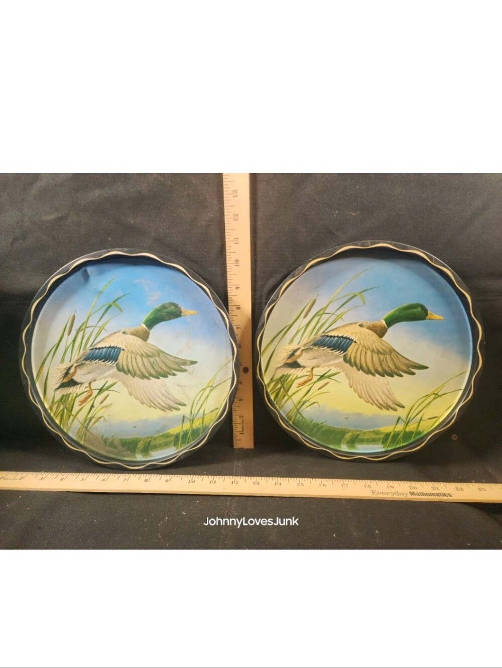 Vintage Lot Of 2 Metal Serving Trays Mallard Duck Theme Fishing Cabin Decor Used